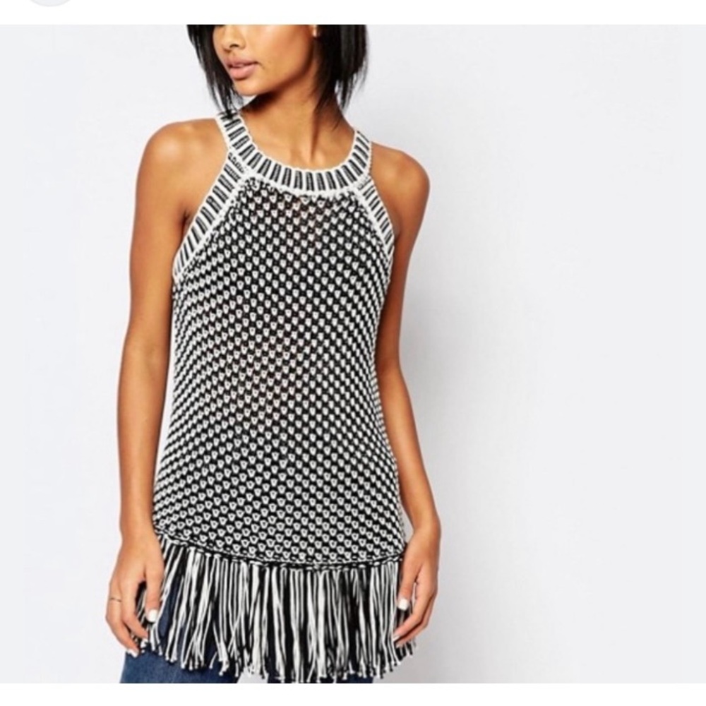 Soft Surroundings Bambado Navy & White Crochet Knit Fringe Tunic Tank/Dress Sz L